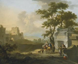 Franz De Paula Ferg - An Italianate Landscape With Figures By Classical Ruins