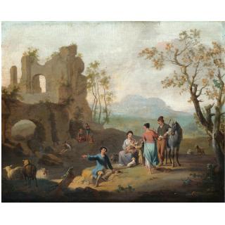 Franz de Paula Ferg - An Italianate Landscape With Travellers Resting Near Ruins And A Shepherd Tending His Flock Near A Stream