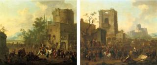 Franz de Paula Ferg - An Italianate Town With Figures Gathered Around A \'Commedia Dell\'Arte\' Play, A Castle On A Hill Beyond; And An Italianate Town With Figures Dancing The \'Saltarello\' And Making Music