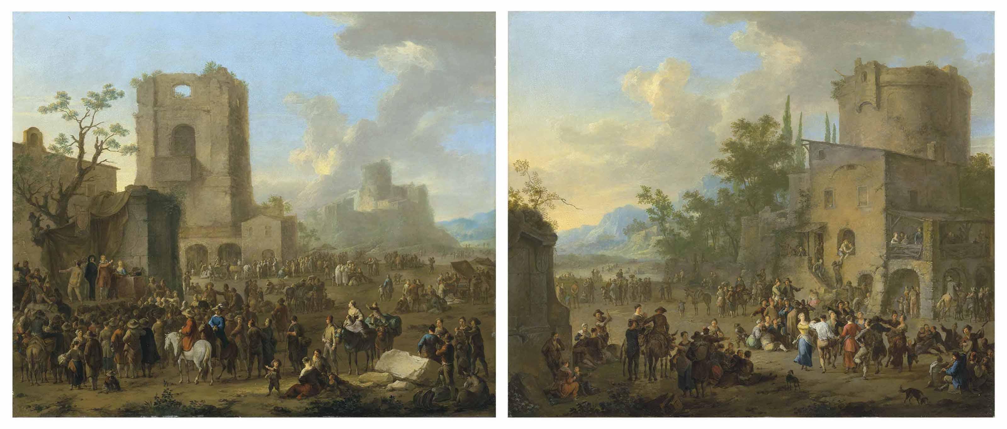 Franz De Paula Ferg - An Italianate Townscape With Figures Gathered Around A Commedia Dell\'Arte Performance; And An Italianate Townscape With Figures Making Merry And Dancing The \'Saltarello\'