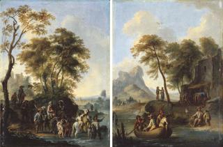 Franz De Paula Ferg - An Italianate wooded landscape with travellers crossing a river; and An Italianate wooded landscape with travellers in a ferry, an inn and mountains beyond