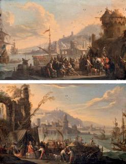 Franz de Paula Ferg - Capricci port scenes with figures on the quay