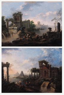 Franz De Paula Ferg - Mediterranean coastal landscapes with peasants and travellers by classical ruins