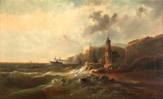 Franz Emil Krause - Coastal Cliffs and Seaside Chapel framed 73.5 x 109.0 x 8.8 cm (28 15/16 x 42 15/16 x 3 1/2 in).