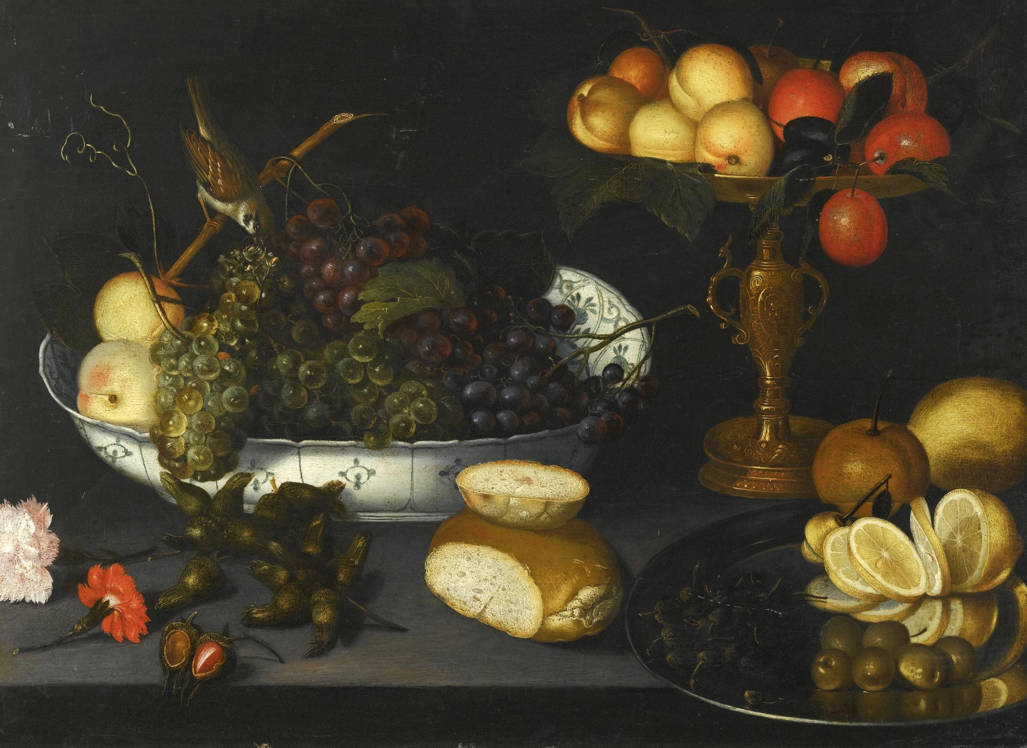 Franz Godin - Still Life With Grapes In A Porcelain Bowl, Fruit In A Gilt Tazza And Other Objects