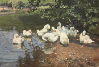 Franz Grässel - Am Ententeiche: Ducks in a Pont