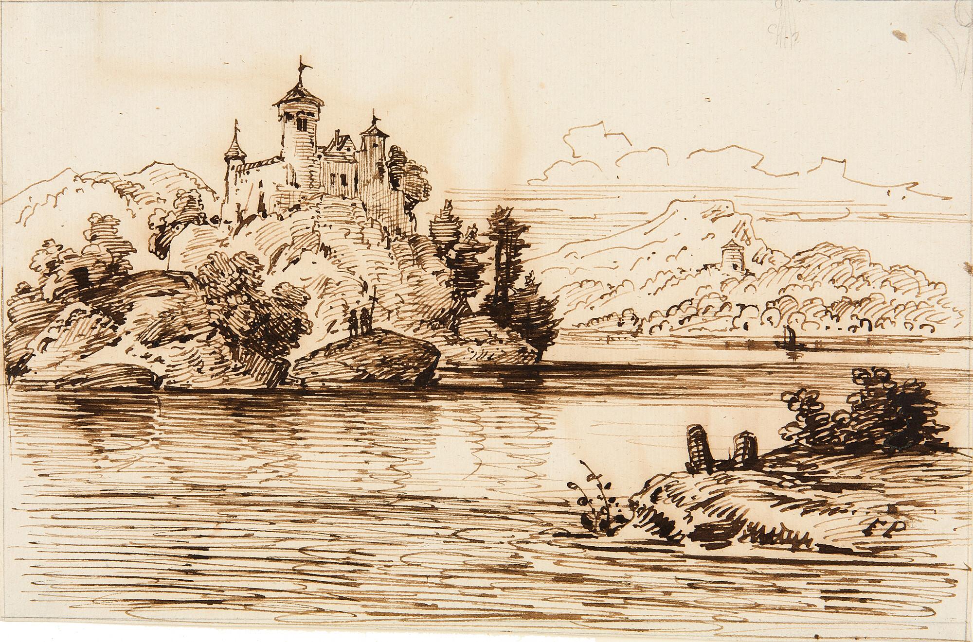 Franz Graf von Pocci - Blick auf eine Burg am felsigen Seeufer.