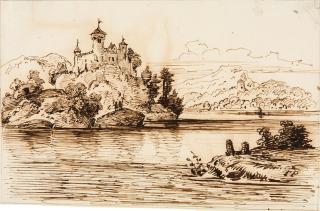 Franz Graf von Pocci - Blick auf eine Burg am felsigen Seeufer.