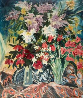 Franz Heckendorf - Prachtvolle Frühlingsblumen mit blau-weißen Porzellantellern.