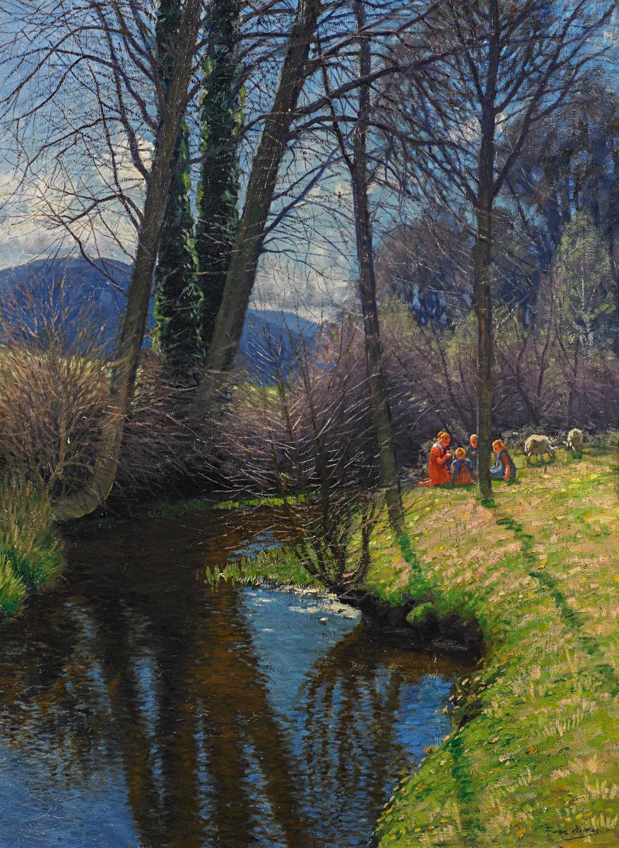 Franz Hecker - Frühlingslandschaft mit Kindern am Bachlauf.