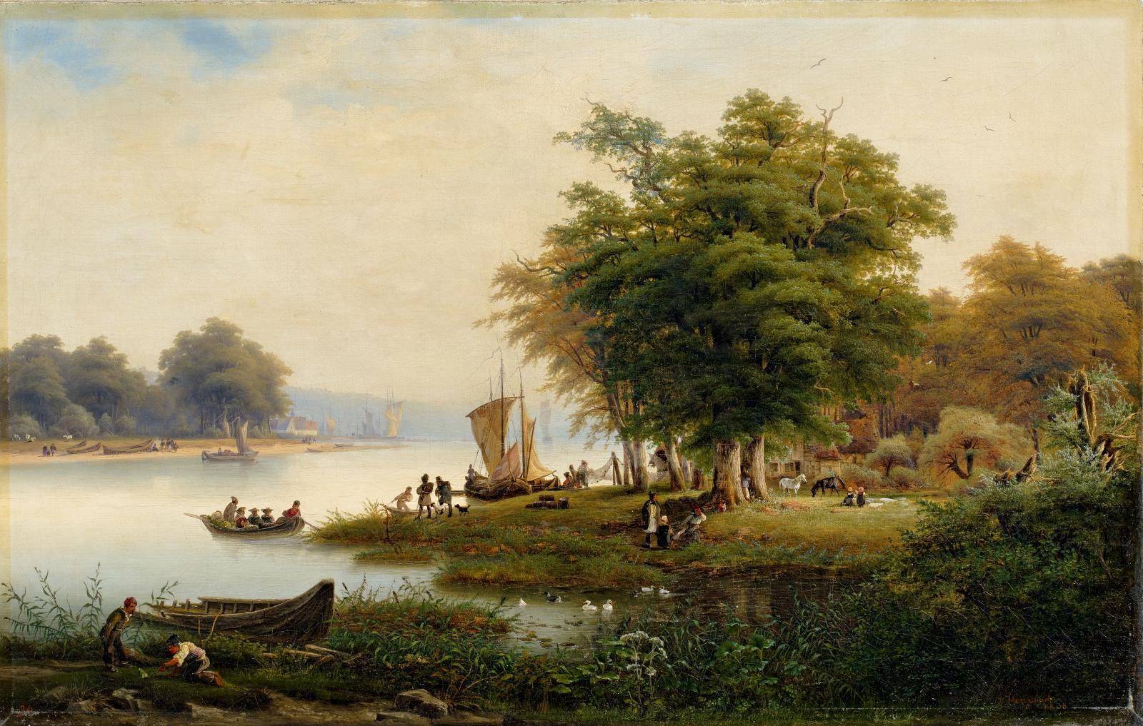 Franz Hengsbach - Bewaldete Rheinlandschaft mit Ausblick auf einen Hafen