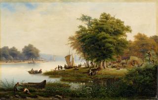 Franz Hengsbach - Bewaldete Rheinlandschaft mit Ausblick auf einen Hafen