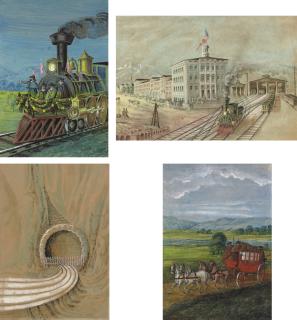 Franz Holzlhuber - Maiden Run of Missippi Railroad from Madison; Union Hotel in Prairie du Chien, Wisconsin; Railroad Tunnel with Gate; and Four in Hand Post en Route to California: Four Works