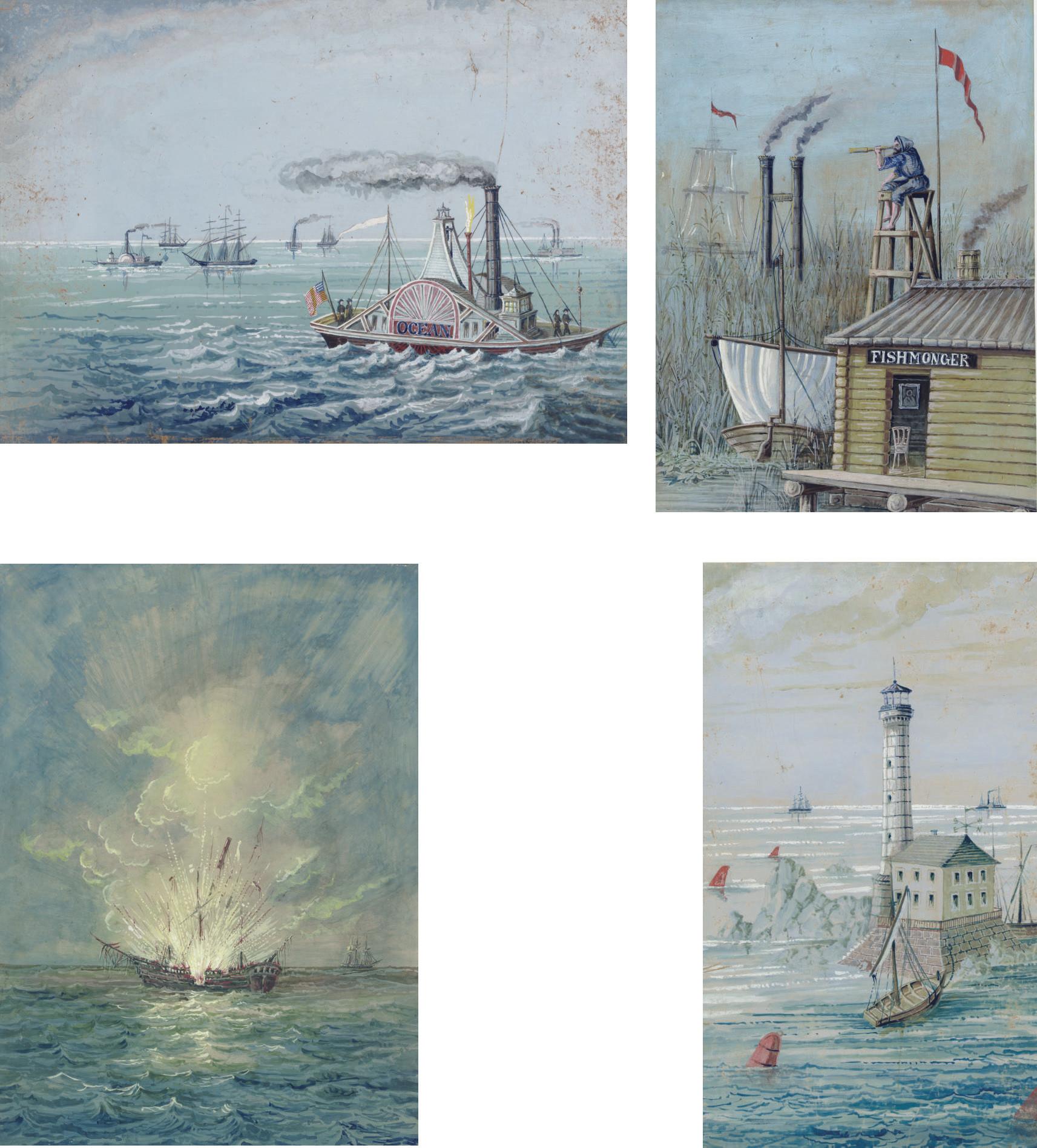 Franz Holzlhuber - Steamboat Ocean; Lighthouse at Sandyhook; Mississippi River Fisherman near Prairie du Chen; Explosion on the Mayflower, Lake Huron: Four Works