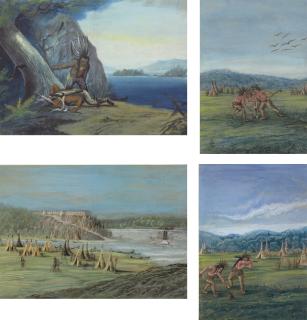 Franz Holzlhuber - Two Indians at a Listening Post by a Shore; Chippewa Indians on Mackinac Island; Fort Snelling, Minnesota; and Ball Game of Menominee Indians: Four Works