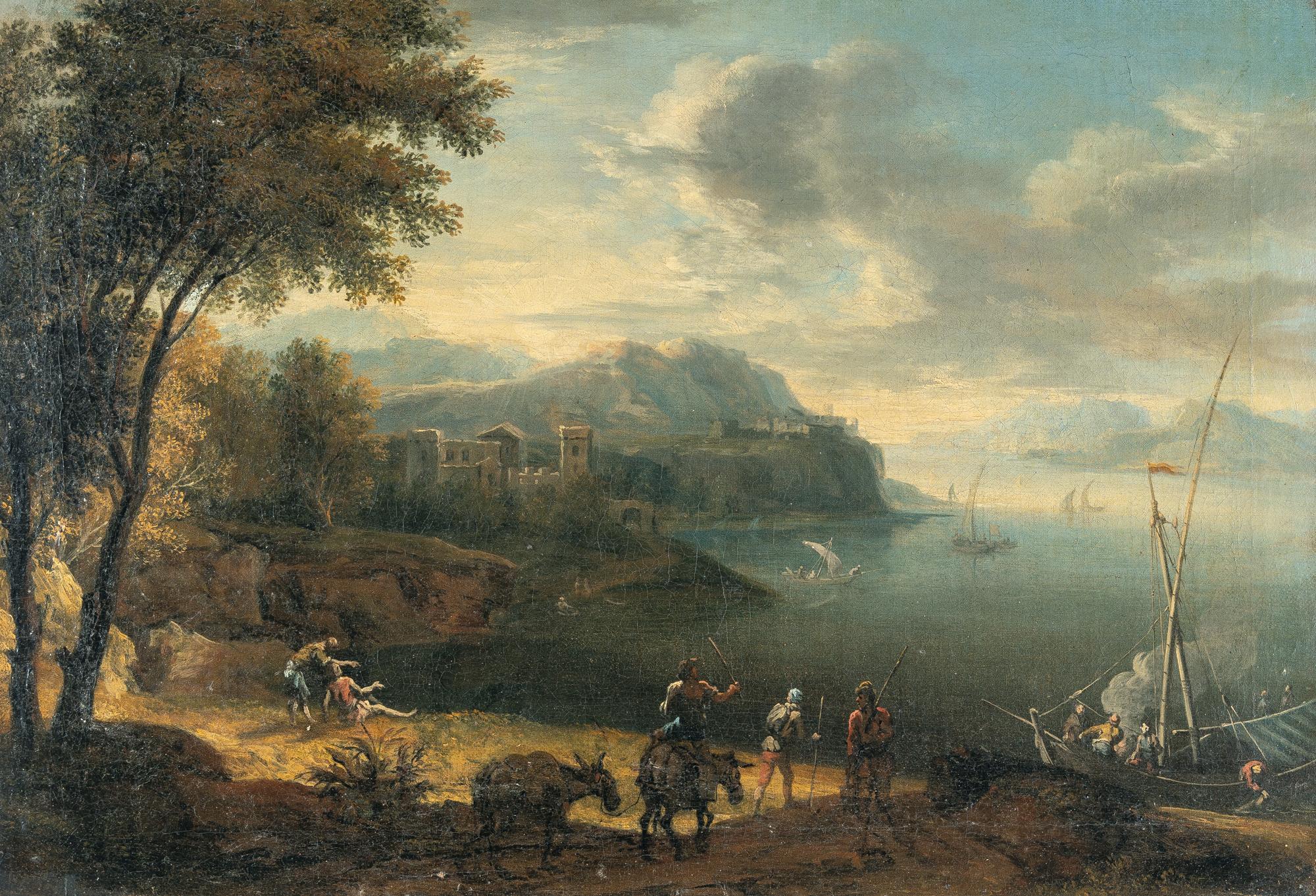 Franz Joachim Beich - Italienische Küstenlandschaft mit Reisenden und Segelbooten