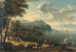 Franz Joachim Beich - Italienische Küstenlandschaft mit Reisenden und Segelbooten