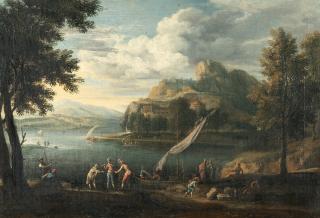 Franz Joachim Beich - Italienische Landschaft mit Staffagefiguren und Segelbooten
