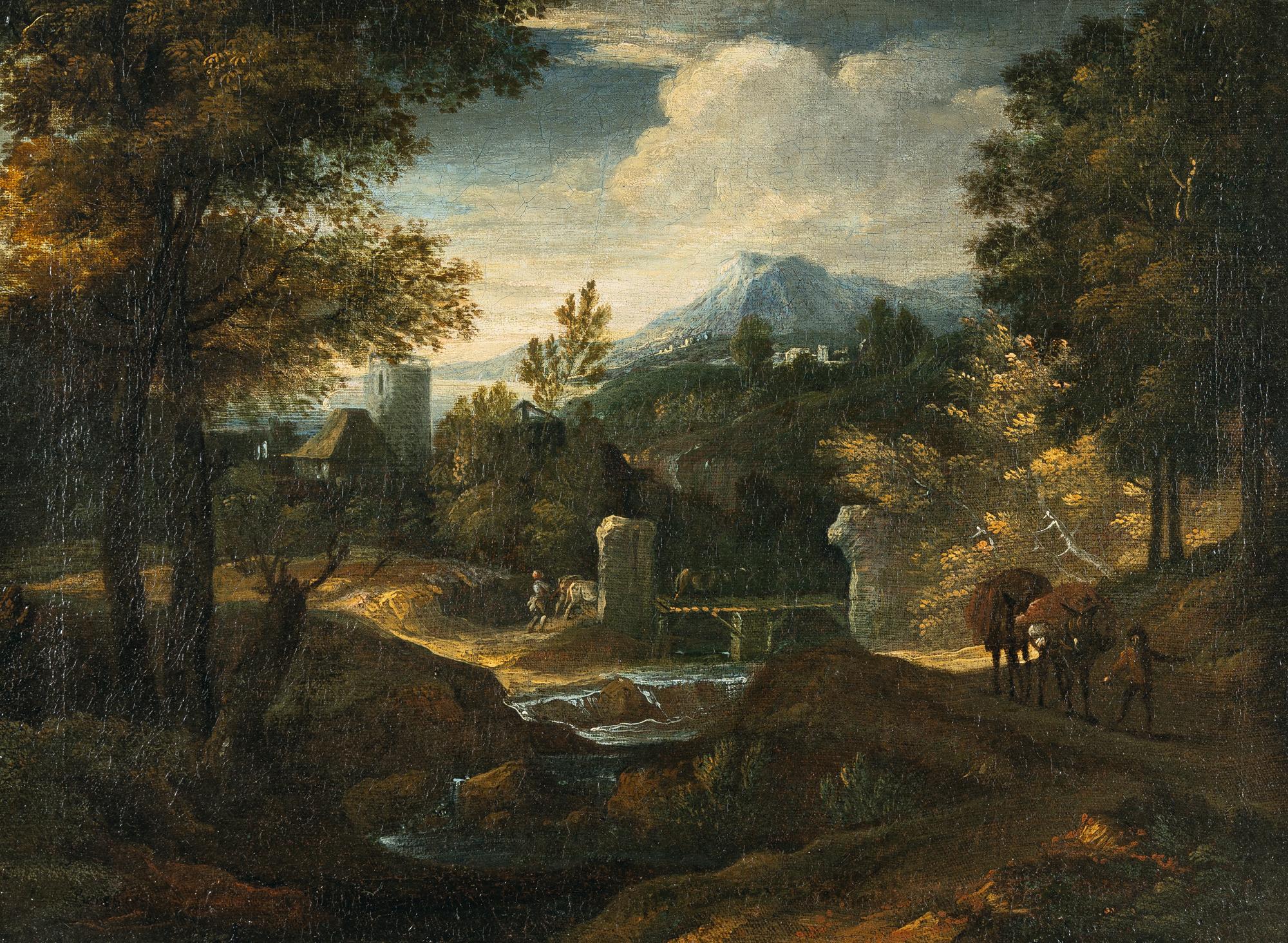 Franz Joachim Beich - Waldlandschaft mit Stromschnelle und figürlicher Staffage