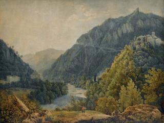 Franz Kaiserman - Vue de la vallée de Terni, en Ombrie, avec les ruines du château de Papigno et l\'église Santa Maria Annunziata sur les hauteurs