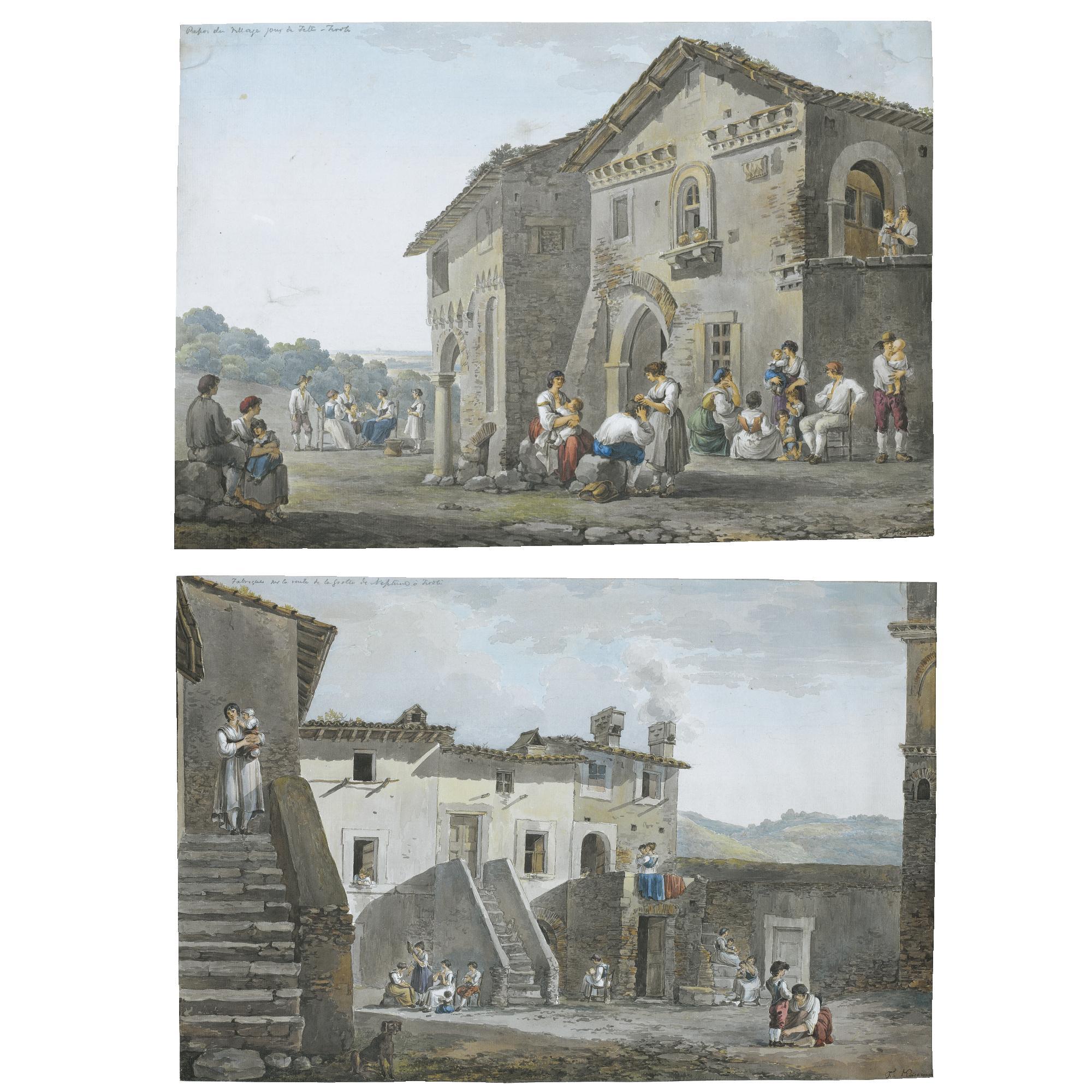 Franz Kaisermann - A) Peasant Families Seated Outside A House At Tivoli B) Peasant Women And Children In The Courtyard Of A Farm    