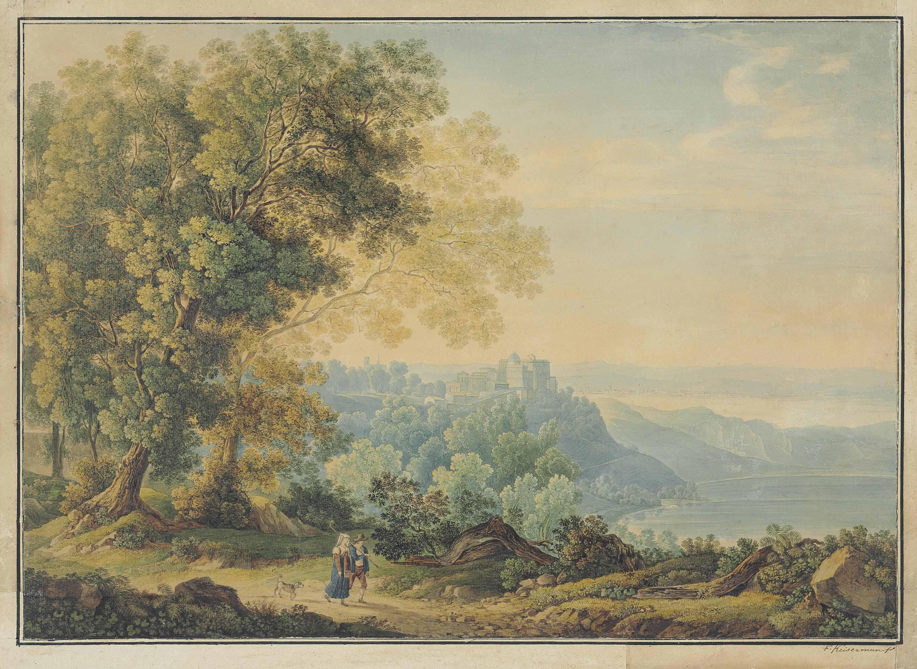 Franz Kaisermann - A View Of Lake Albano With Castel Gandolfo To The Left And Travellers In The Foreground