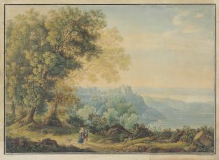 Franz Kaisermann - A View Of Lake Albano With Castel Gandolfo To The Left And Travellers In The Foreground