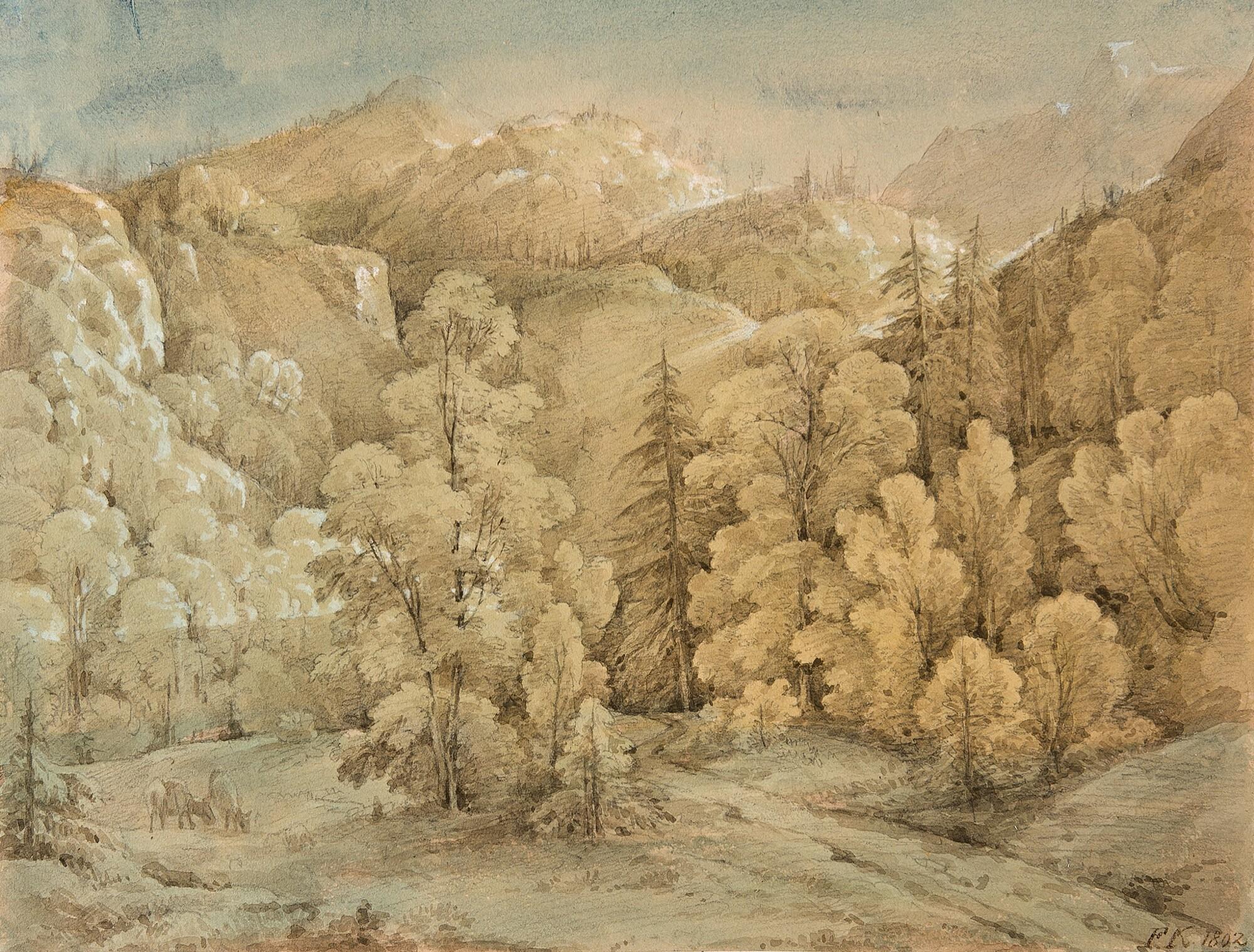 Franz Kaisermann - Eine Lichtung mit äsenden Rehen im Gebirge.