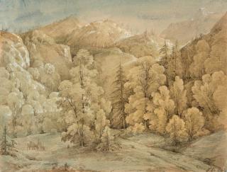 Franz Kaisermann - Eine Lichtung mit äsenden Rehen im Gebirge.