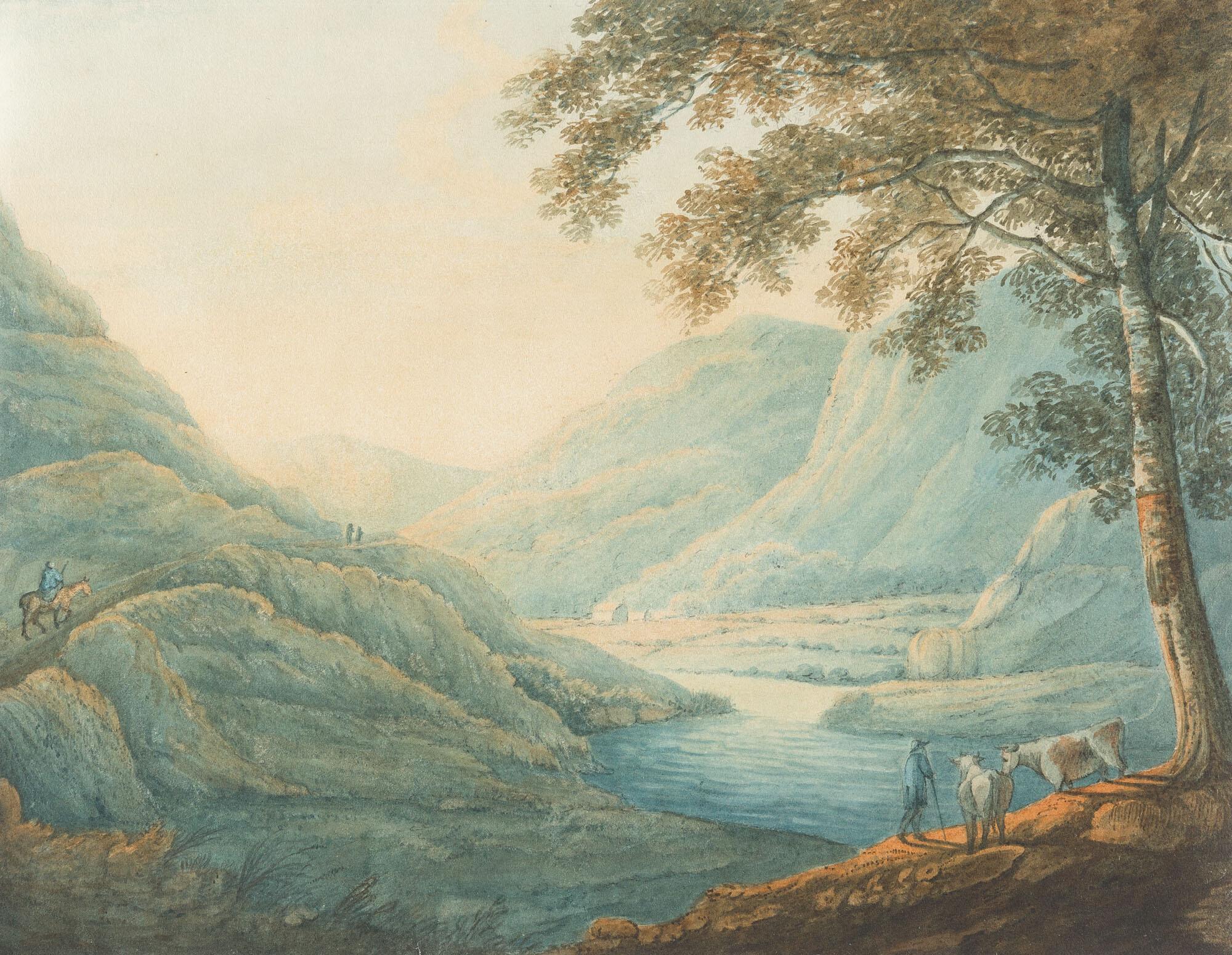 Franz Kaisermann - Italienische Flusslandschaft mit Kühen und Hirten.