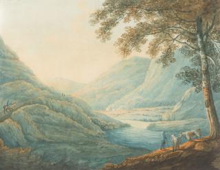 Franz Kaisermann - Italienische Flusslandschaft mit Kühen und Hirten.