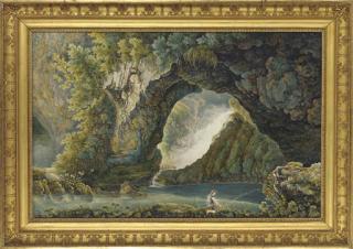 Franz Kaisermann - La Grotte de Neptune à Tivoli, un pêcheur au premier plan