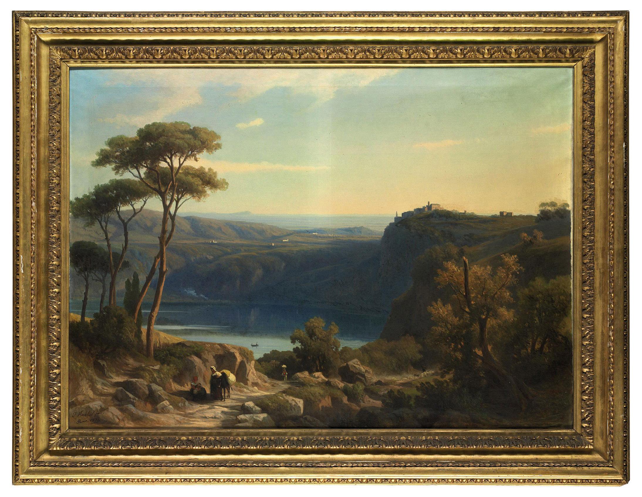 Franz Knebel - Wooded landscape with Lake Albano, with rural figures and a settlement beyond