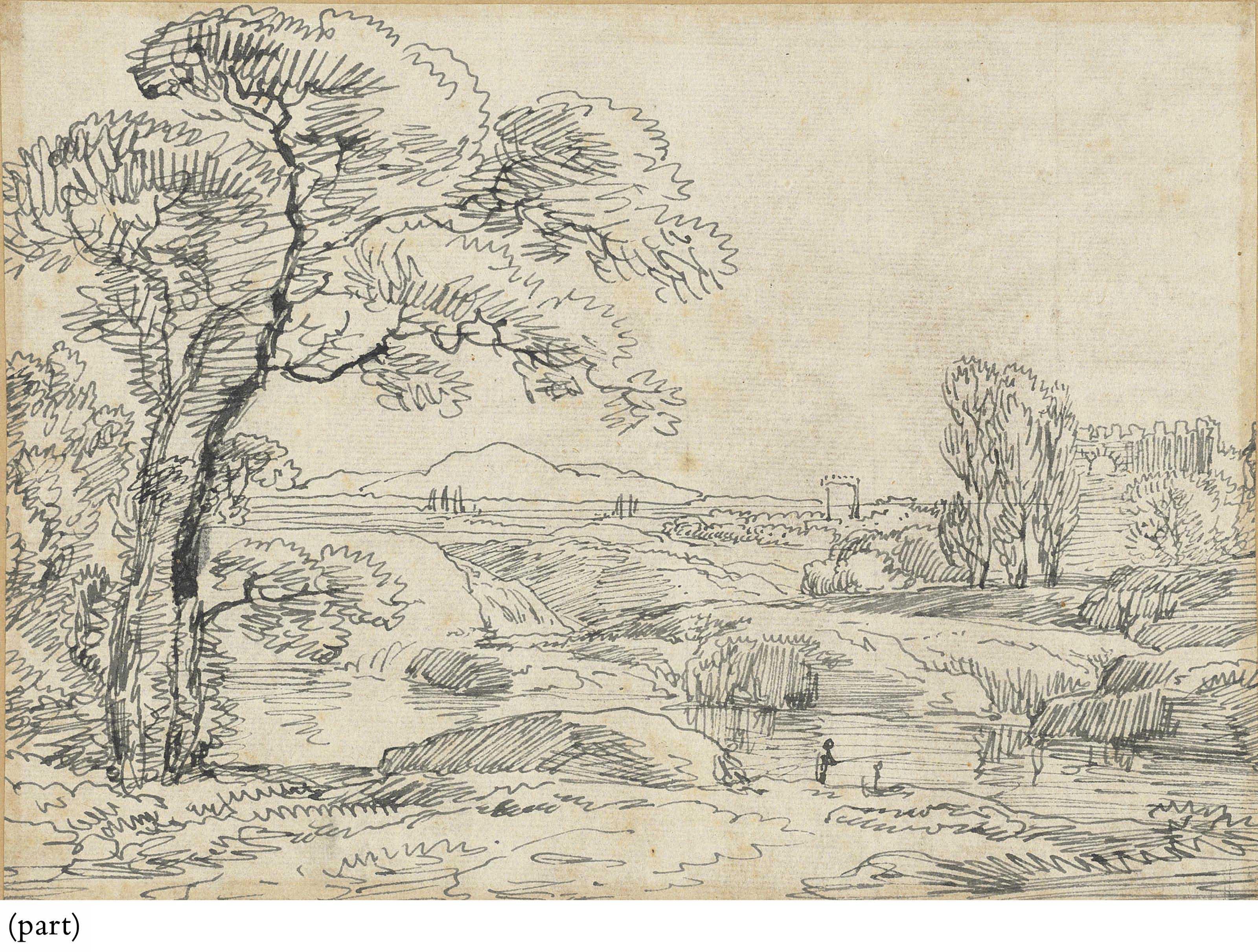 Franz Kobell - An angler on a river bank, with a castle in the distance