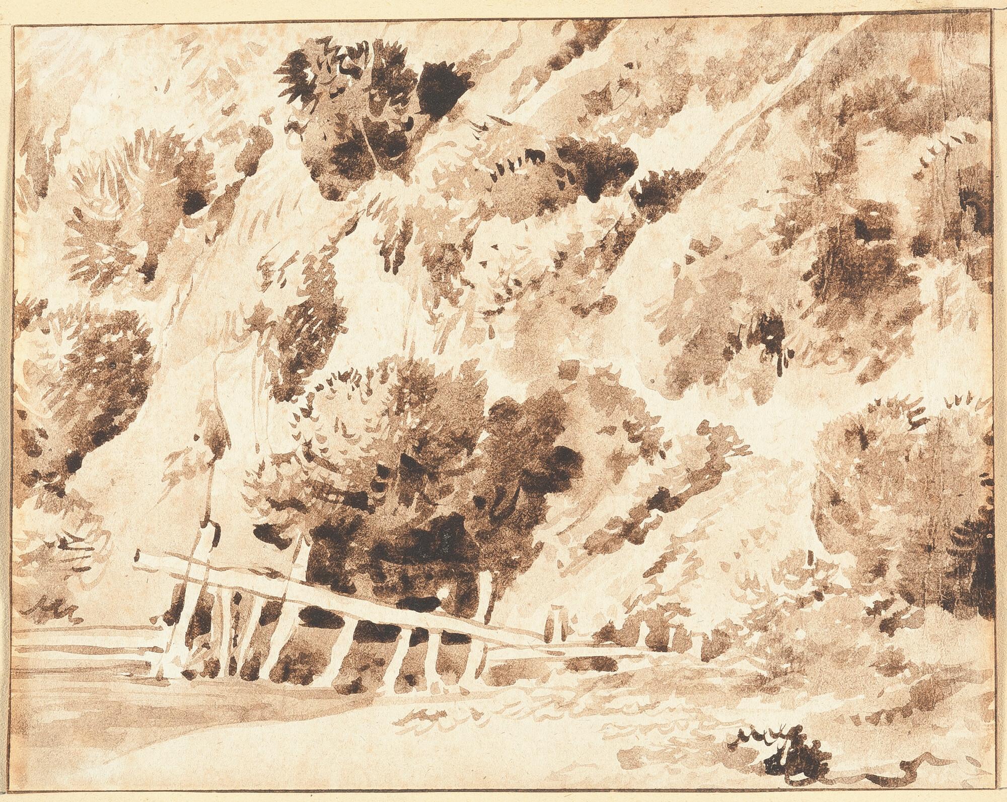 Franz Kobell - Bewachsenes Steilufer mit einem alten Holzzaun