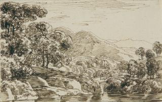 Franz Kobell - Bewaldete Hügellandschaft mit Gewässer.