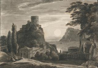 Franz Kobell - Blick auf eine südliche Bucht mit Burg auf einer Anhöhe.