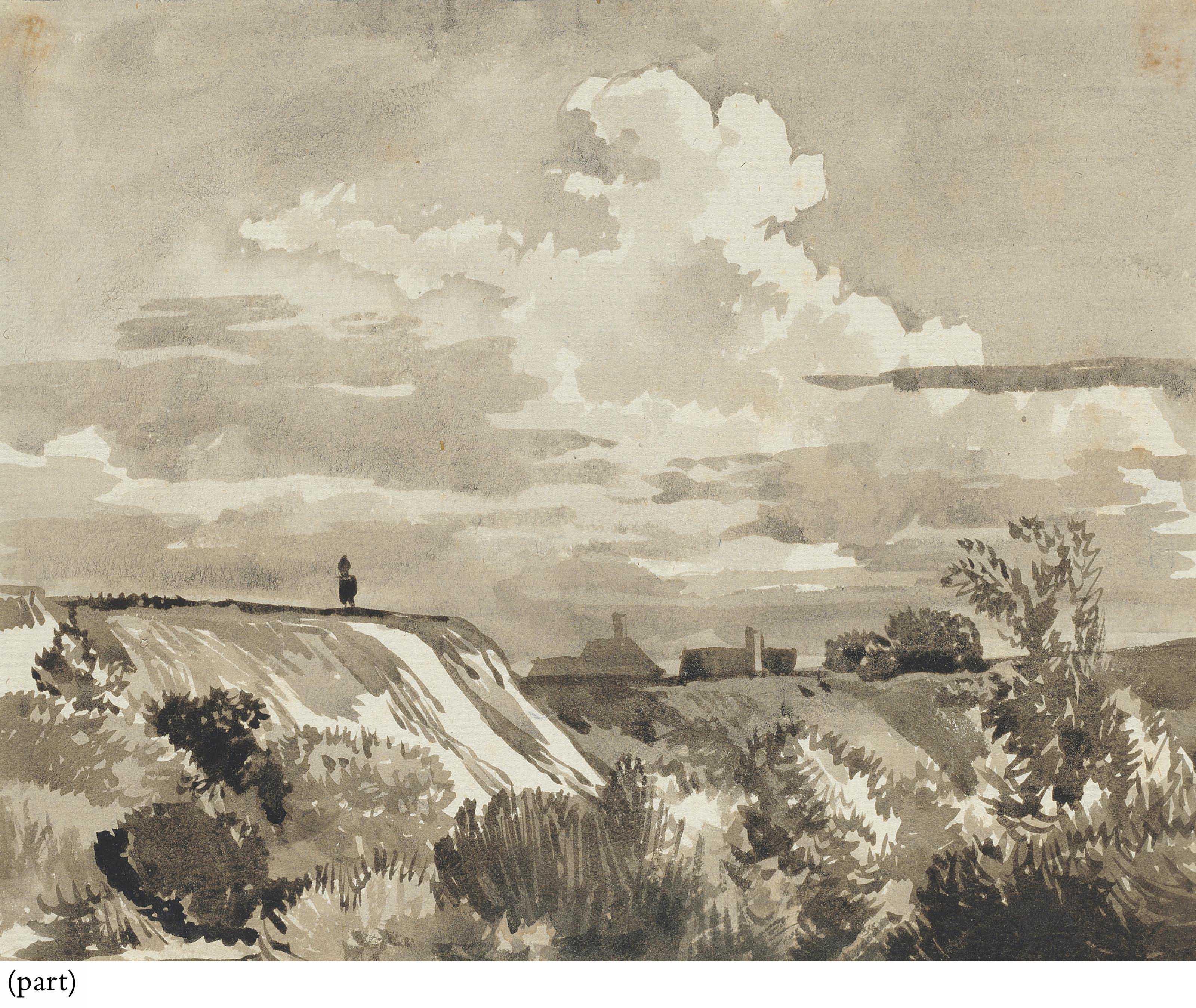 Franz Kobell - Dunes with houses beyond; A cliff with a village beyond; A cliff with a waterfall;  and  A cliff with shrubs