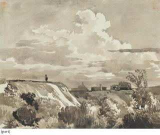 Franz Kobell - Dunes with houses beyond; A cliff with a village beyond; A cliff with a waterfall;  and  A cliff with shrubs