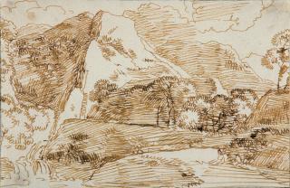 Franz Kobell - Hochtal am Flusslauf, rechts angedeutete Staffage.