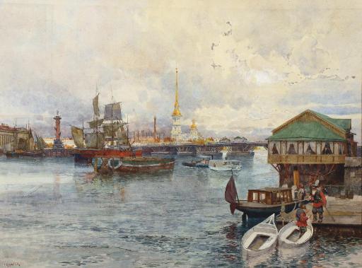 Franz Kopallik - Boating On The Neva With The Peter-Paul Cathedral In The Distance, St-Petersburg