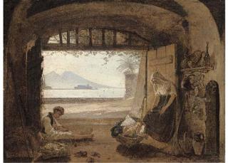 Franz Ludwig Catel - Neapolitan fisherfolk in a hut before the Bay of Naples
