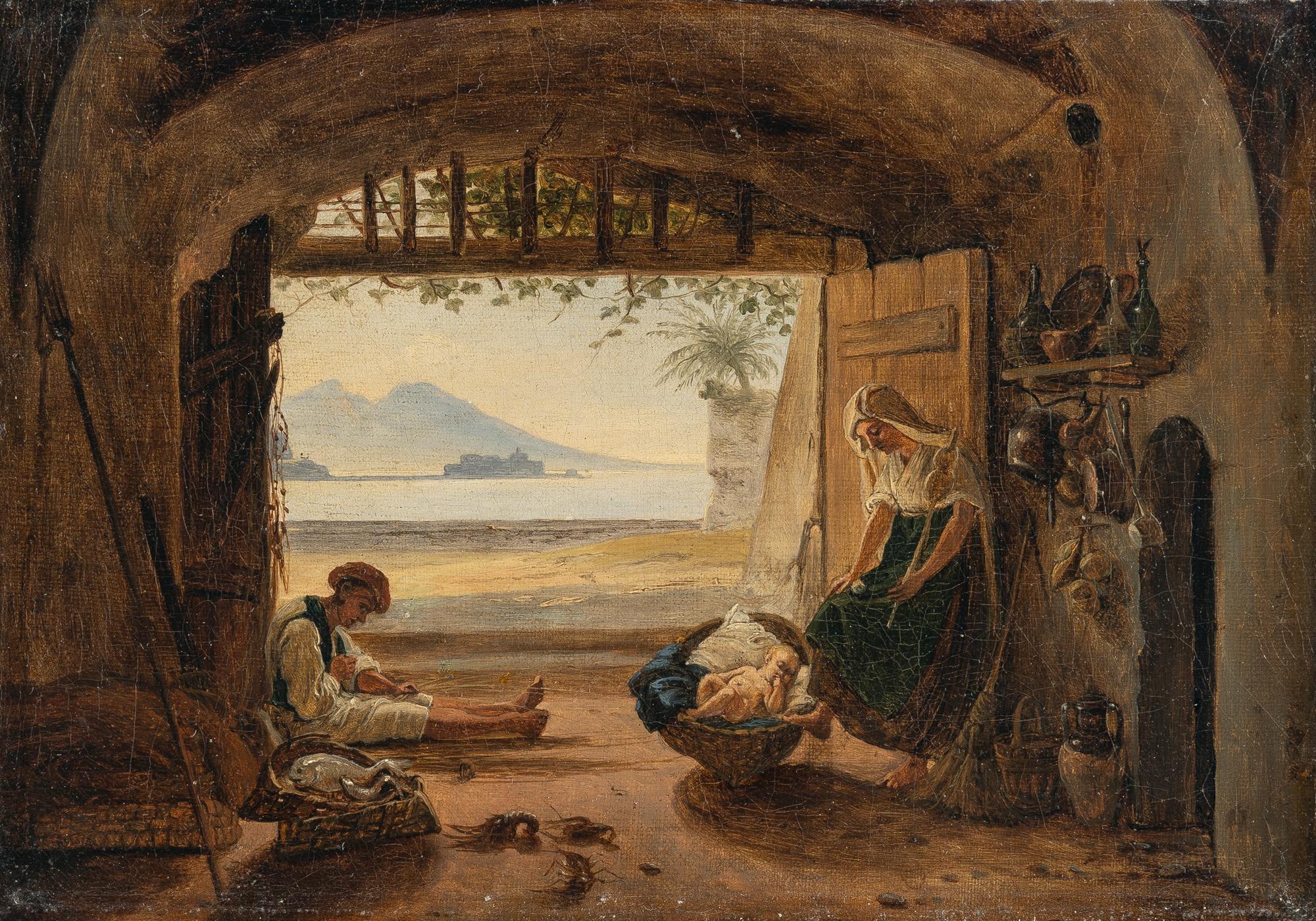 Franz Ludwig Catel - Neapolitanische Fischerfamilie in ihrer Behausung bei Mergellina am Capo di Posillipo mit Blick auf Castel dell’Ovo und den Vesuv