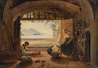 Franz Ludwig Catel - Neapolitanische Fischerfamilie in ihrer Behausung bei Mergellina am Capo di Posillipo mit Blick auf Castel dell’Ovo und den Vesuv