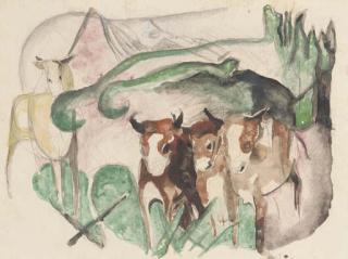 Franz Marc - Tiere in der Landschaft (Drei Kälber und ein Pferd)