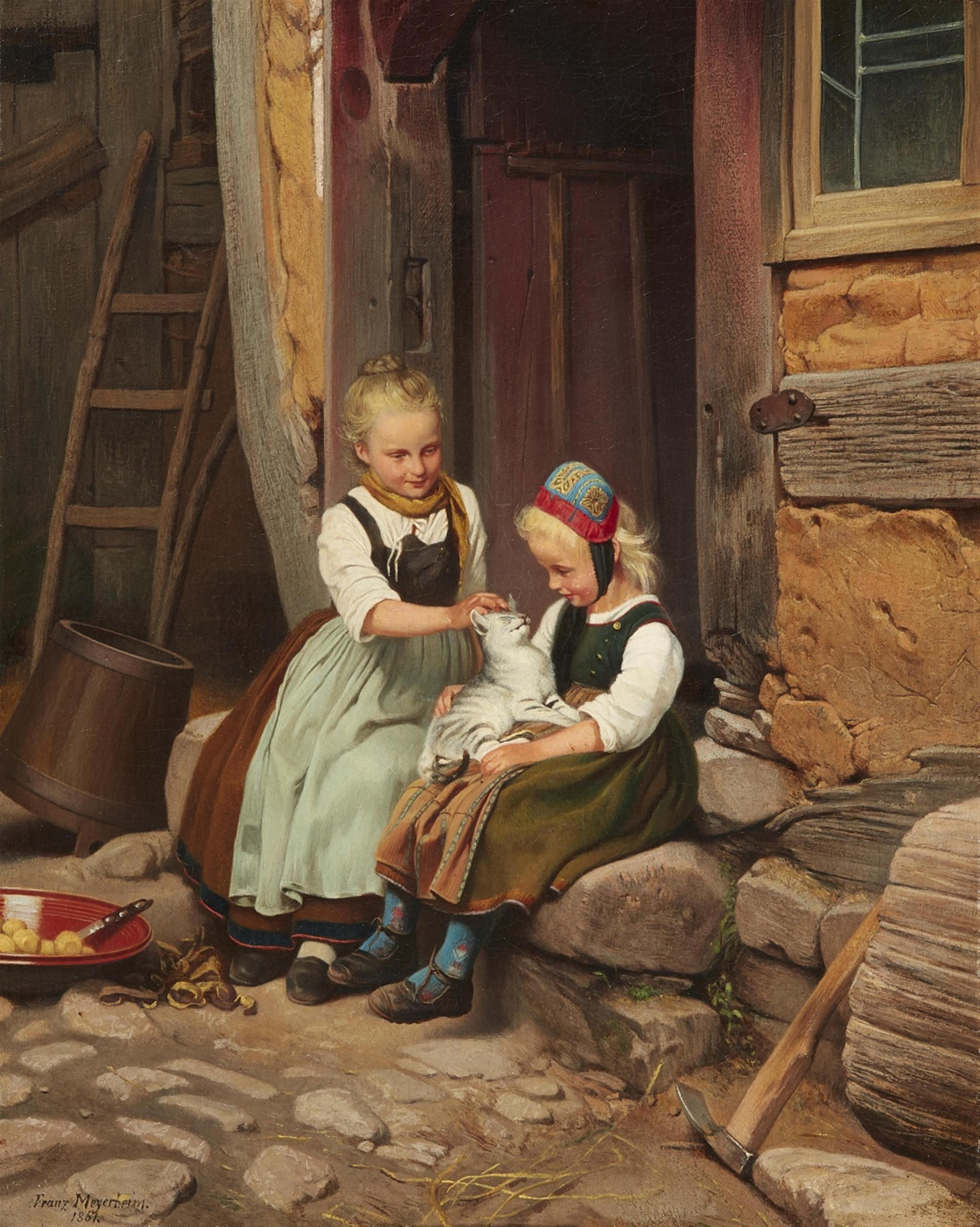 Franz Meyerheim - Zwei Bauernmädchen mit einer Katze