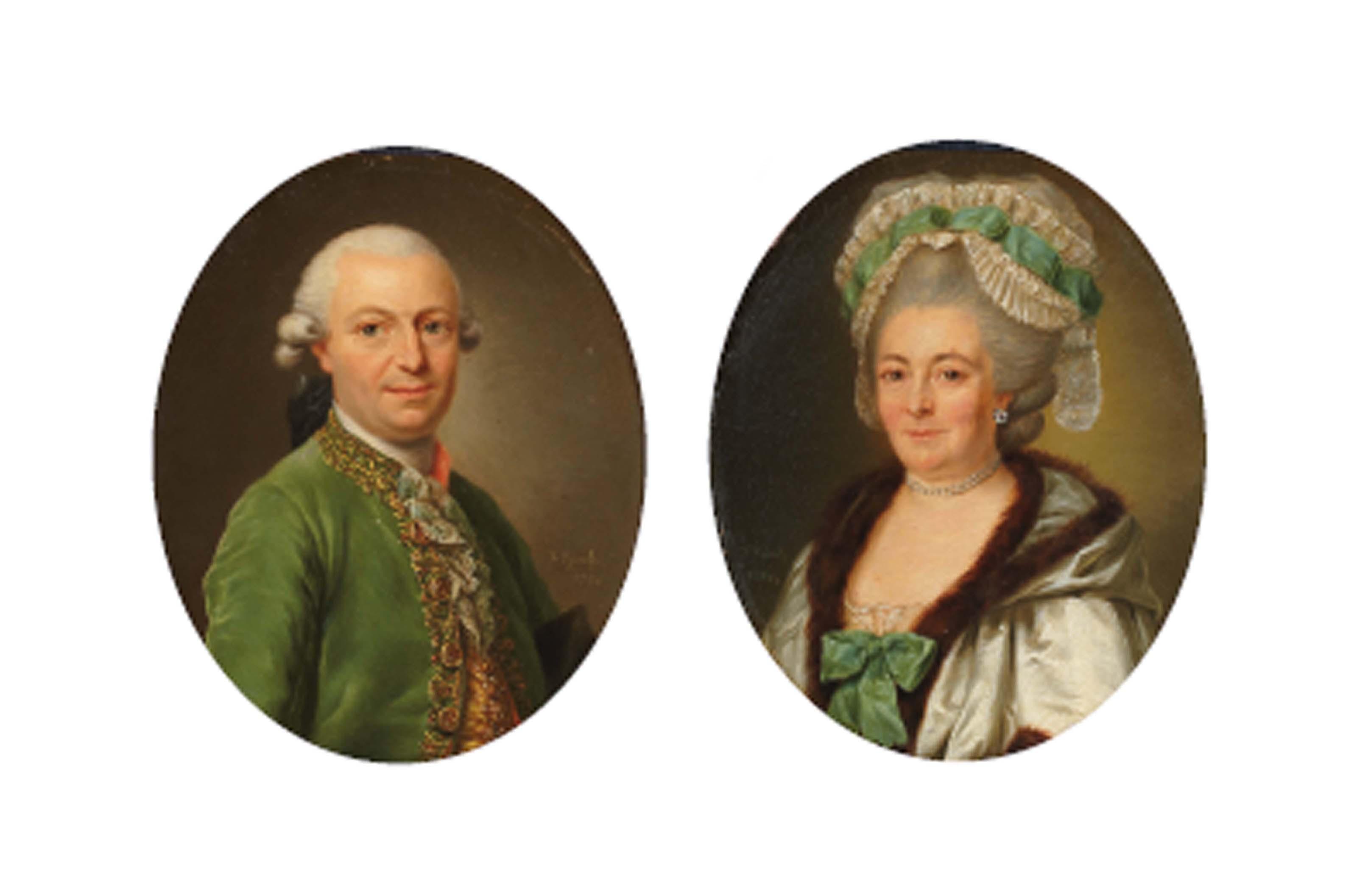 Franz Peter Joseph Kymli - Portrait d\'homme en buste à la veste verte; et Portrait de femme avec une coiffe en dentelle en buste