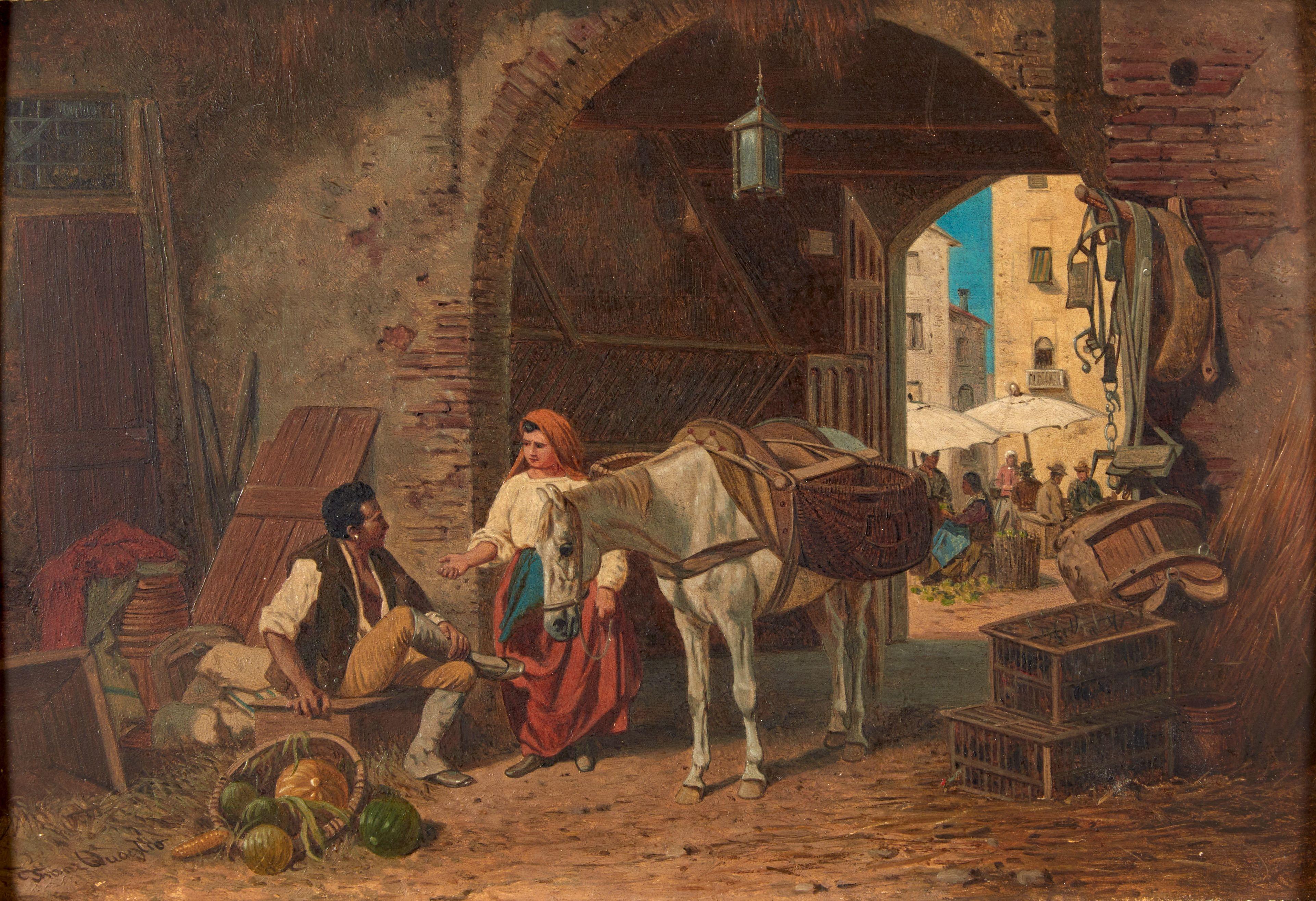 Franz Quaglio - Buying Fruit at the Market framed 30.7 x 39.5 x 4.3 cm (12 1/8 x 15 9/16 x 1 11/16 in).
