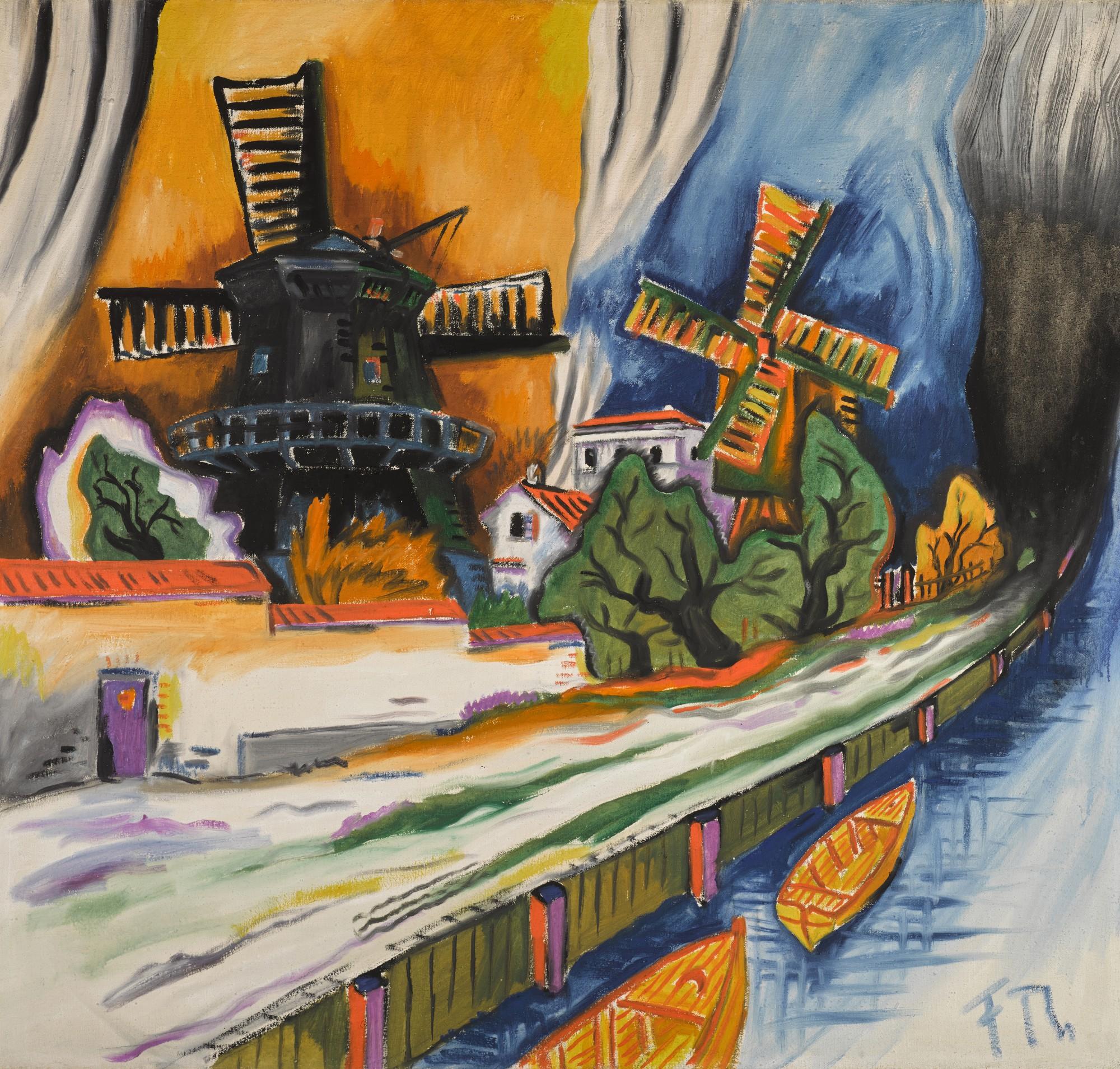 Franz Radziwill - Windmühlen am Kanal (Windmills on the canal) - recto Sitzende und weißes Huhn (Seated woman and white chicken) - verso