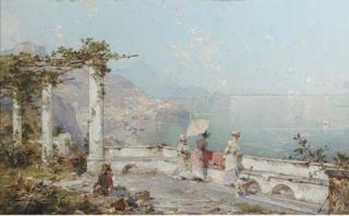 Franz Richard Unterberger - Amalfi, Golfe de Salern: elegant ladies overlooking the Gulf of Salerno